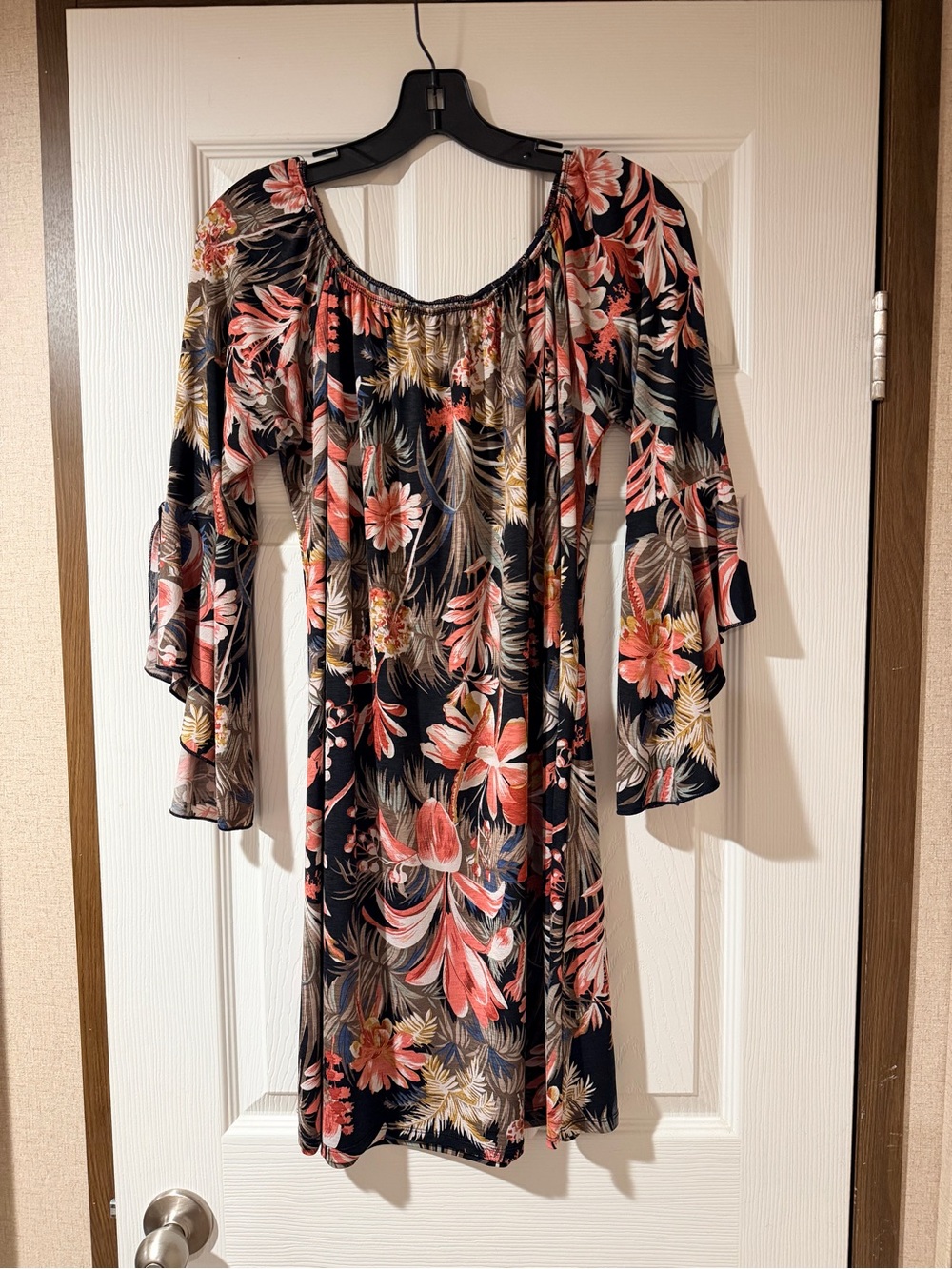 Off-Shoulder Floral Long-Sleeve Dress in Black and Coral